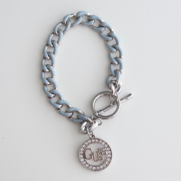 VTG Y2K Guess Womens Bracelet Blue Silver Chain Logo Rhinestone Charm Bling - Picture 1 of 2